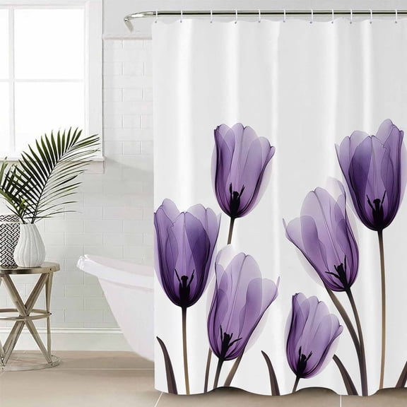 Elegant Tulip Waterproof Fabric Shower Curtain, Purple White Botanical Long Tree Leaves Shower Curtain for Bathroom Curtains Bathtubs Hotel Washable Shower Curtains with 12 Hooks Stall 48x72in