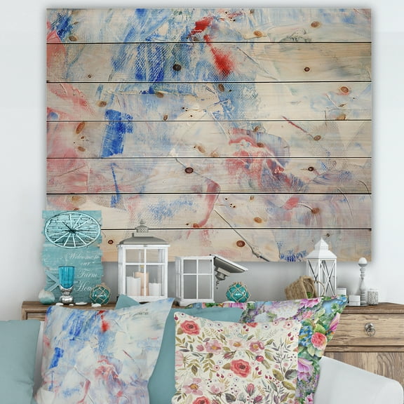 Designart 'Abstract Blue Composition' Modern Print on Natural Pine Wood