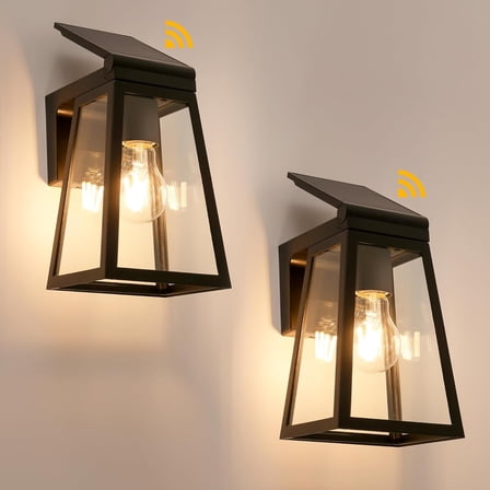 MY.2 Pack Solar Porch Light, Wireless Dusk to Dawn Outdoor Wall Lights Fixture with Adjustable Solar Panel, Black Wall Sconce, Waterproof Exterior Lighting with Clear Glass for Entryway Garage