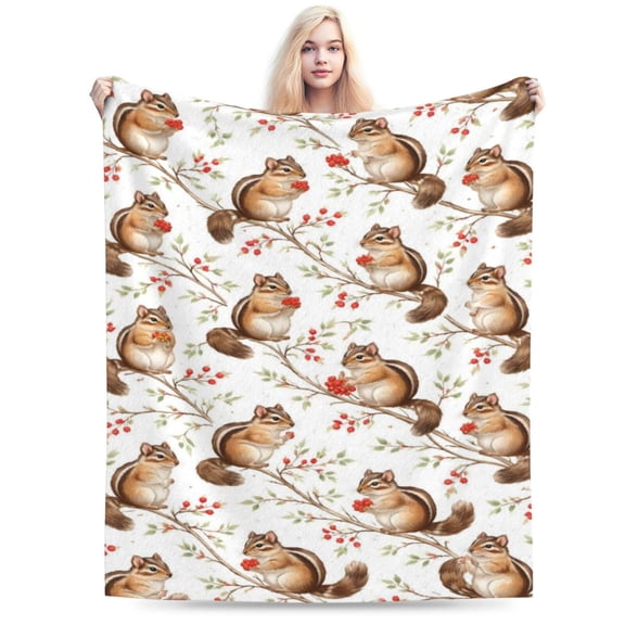 Woodland Chipmunk Throw Blanket, Soft Flannel Fleece Blanket with Vintage Animal and Berry Pattern, Cozy Decorative Blanket for Sofa Couch Bed 50x40