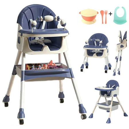 4-in-1 Baby High Chair Portable Baby Dining Chairs Eat & Play Convertible High Chair with Five-point Snap Button  Double-layer Dinner Plate and Toy Rack  Blue