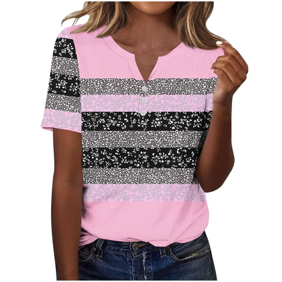 Floral Printed Tops for Women Plus Size S-3XL Loose Fit V Neck Casual Tee Shirt Summer Short Sleeve Tshirts (XL, Pink 01)