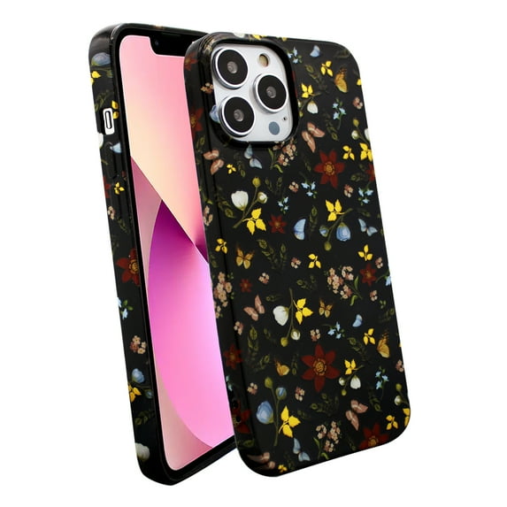 KIQ iPhone 13 Pro Max Case For Women Screen Protector Cell Phone Fashion Cover (Autumn Black Gold Red Flower Butterfly)