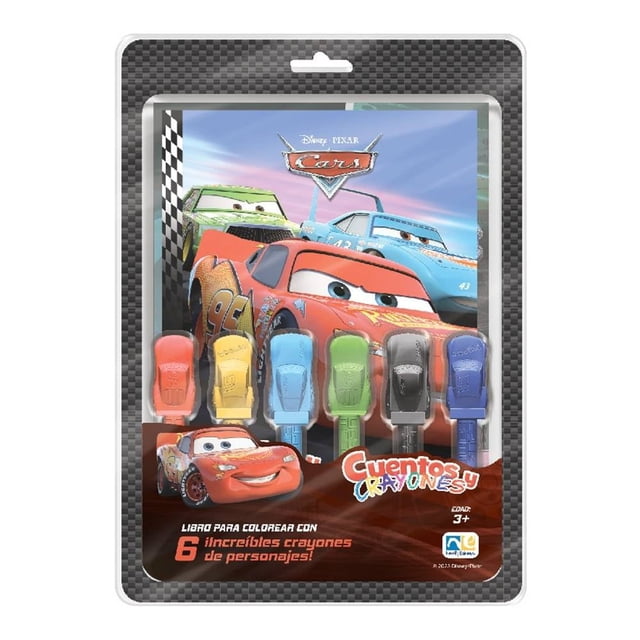 Cuentos Y Crayolas Cars Novelty Ediciones set with a children's coloring book featuring Cars characters and six crayons shaped like the characters in red, yellow, blue, green, black, and purple. Suitable for kids 3+, ideal for creative play and coloring related to slot cars toys.