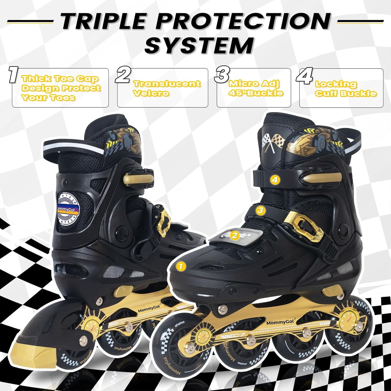 MammyGol Kids Adjustable Inline Skates Light Up Roller Skates with PU Wheels Ages 7 8 9 Years Cool Cars Styles For Birthday Gifts(Golden)