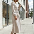 thumbnail image 5 of FRSASU Women's Long Sleeve Striped A Line Midi Dress Round Neck Smocked Elastic Waist Flowy Casual Daily Holiday Long Dress Beige, 5 of 8