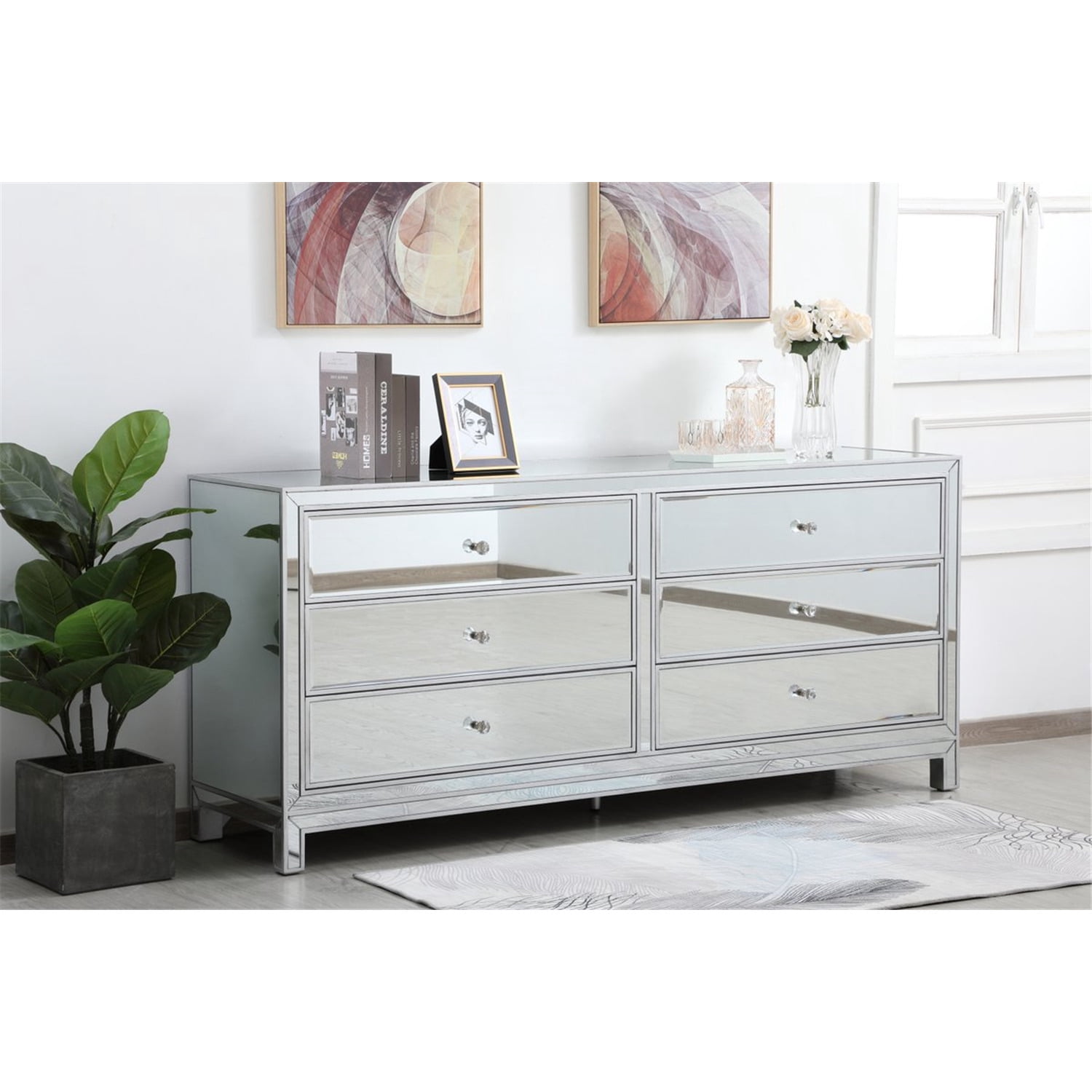 Elegant Decor Reflexion 72" Metal and MDF Mirrored Six-Drawer Dresser in Silver