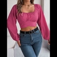 thumbnail image 4 of Blusa Corta con Volantes, Cuello Cuadrado y Fruncido para Mujer, Larga y Lazo Anudado Rosa Roja XL, 4 of 10