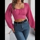 thumbnail image 4 of Blusa Corta con Volantes, Cuello Cuadrado y Fruncido para Mujer, Larga y Lazo Anudado Rosa Roja M, 4 of 10