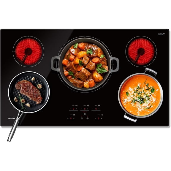 Tecasa 36 Inch 5 Burners Smooth Surface (Radiant) Electric Ceramic Cooktop, 9000 W Built-In Stove Top with Tri-Ring Element and Touch Control, Black