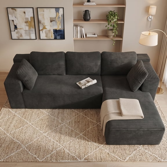 105" Modular Sectional Boneless L-Shaped Couch for Living Room, Cloud Corduroy Sofa with Deep Seat, Oversized Right Facing Chaise No Assembly Required, Grey
