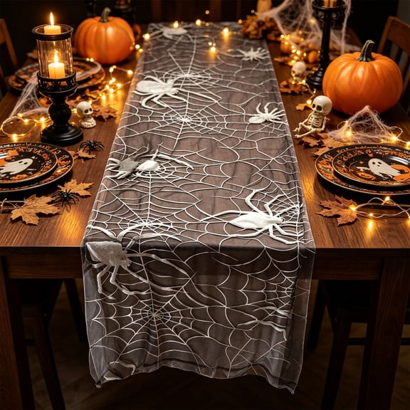 Extra Long Halloween Table Runner, Black Sheer Table Runner with Gold Print, Gothic Spider Web Table Decor for Halloween Party, Dining Table, Mantel, and Home Display