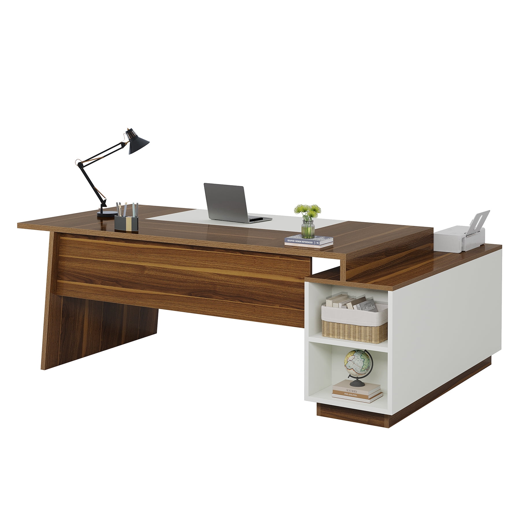 Finmind 78-Inch Executive Office Desk: Modern L-Shaped Desk with File Cabinet and Storage Shelves, Large Wood Computer Desk for Home Office, Walnut & White