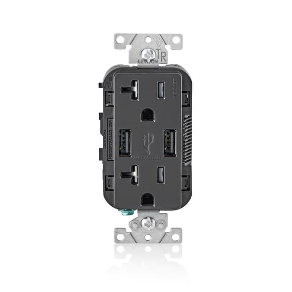 1 Pc, Leviton Decora 20 Amps 125 V Black Outlet And Usb Charger 5-20R 1 Pk