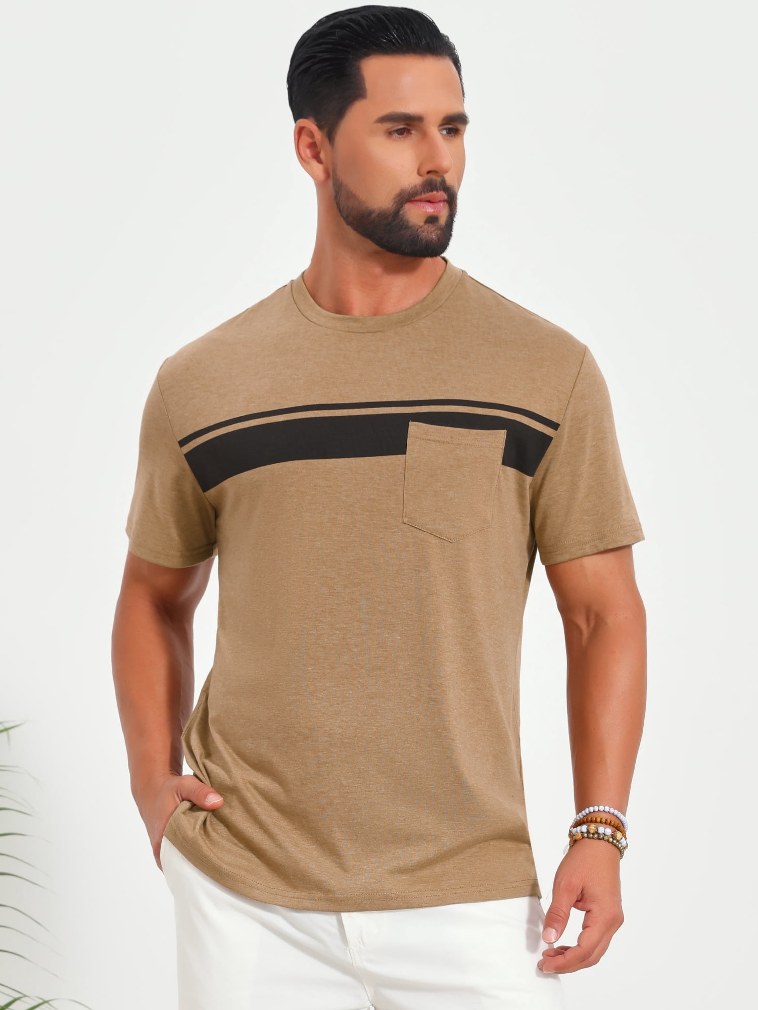 DARING DIVA Men's Chest Pocket Striped Print Crew Neck Short Sleeve T-Shirt XL Khaki