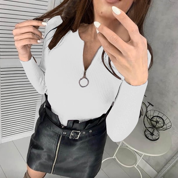 Puntoco Suéter Moda Mujer e Invierno Casual Cremallera Cuello Redondo Manga Color Sólido Suéter Tops Blusa Navidad Liquidación Puntoco Puntoco-3831