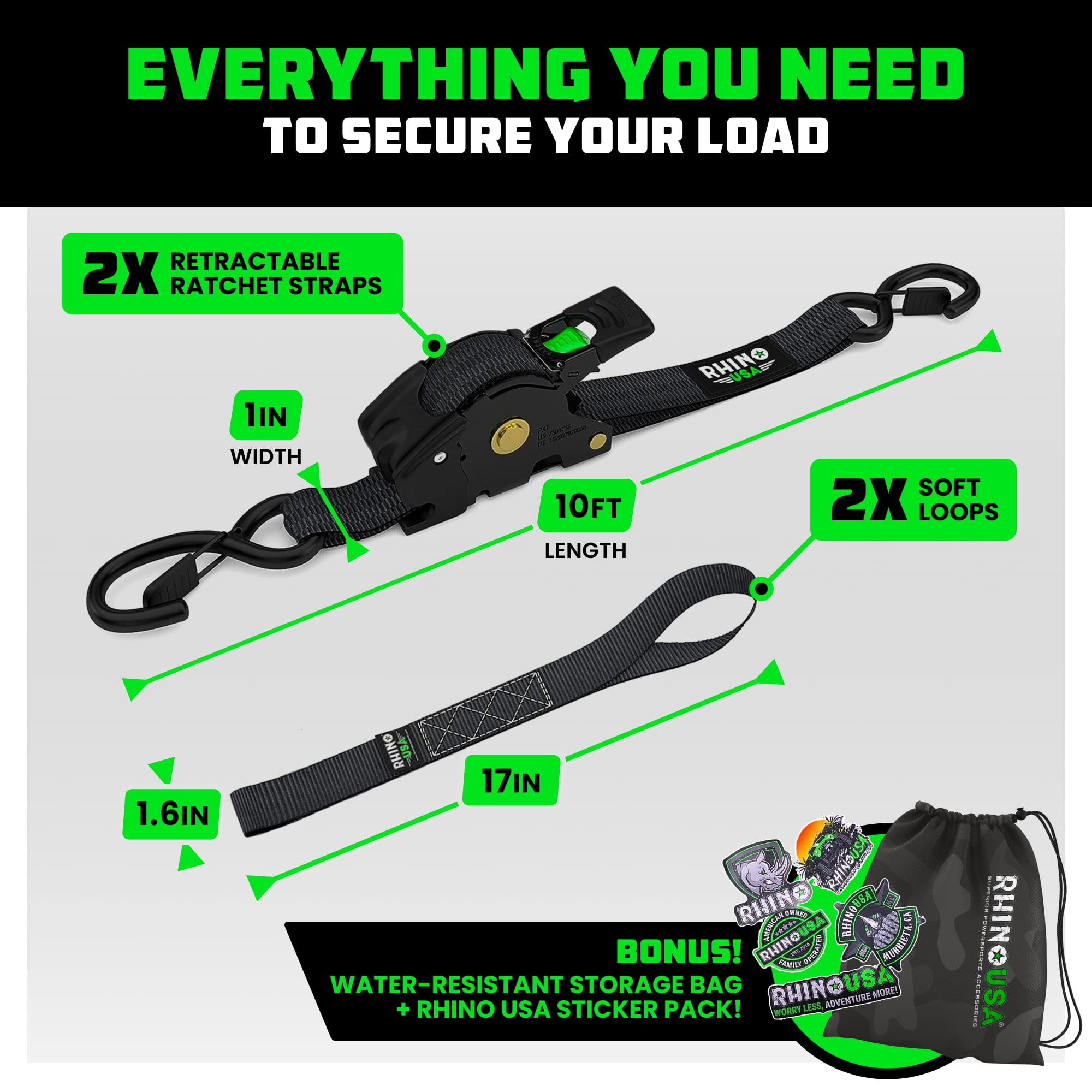 Rhino USA 1" x 10' Retractable Ratchet Straps 1,209lb Break Strength (Black 2-Pack)