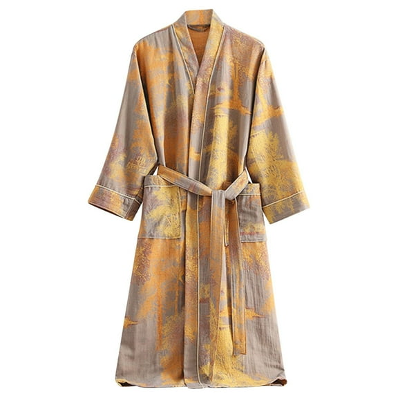 Tao Tao Women's V Neck Double Layer Gauze Long Sleeve With Pocket Belt Bathrobe Japanese Style Kimono Bathrobe Pyjamas Yukata Yellow M
