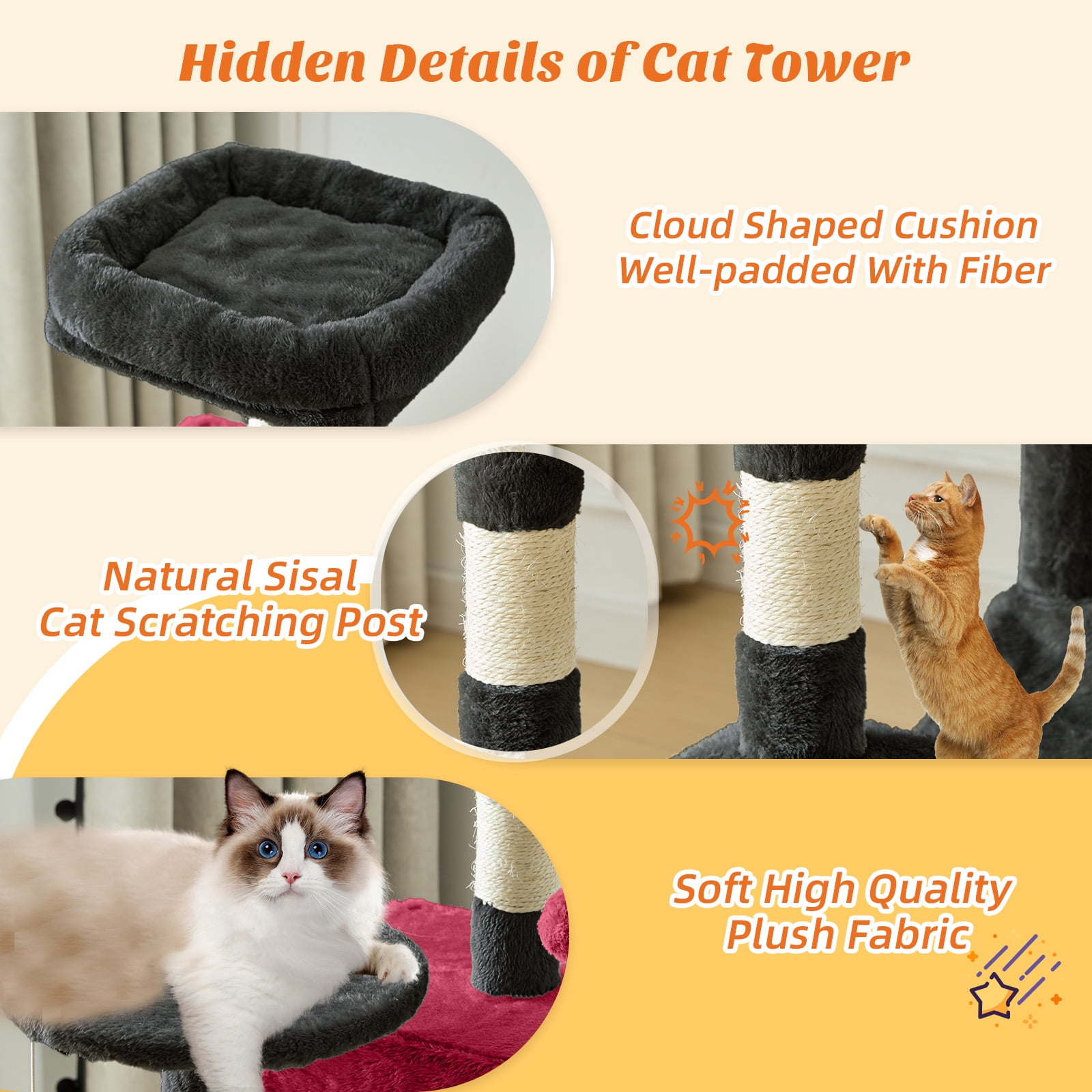 SHOUFTW 44in Cat Tree, Space-Saving Indoor Cat Tower with Large Top Perch and Hammock for Multi-Cat Households, Black