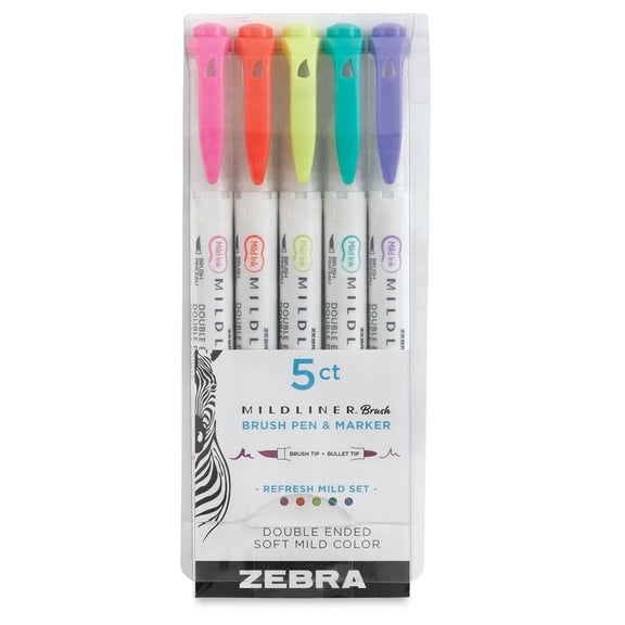 Zebra Mildliner Double Ended Brush Pens - Set of 5, Refresh Colors