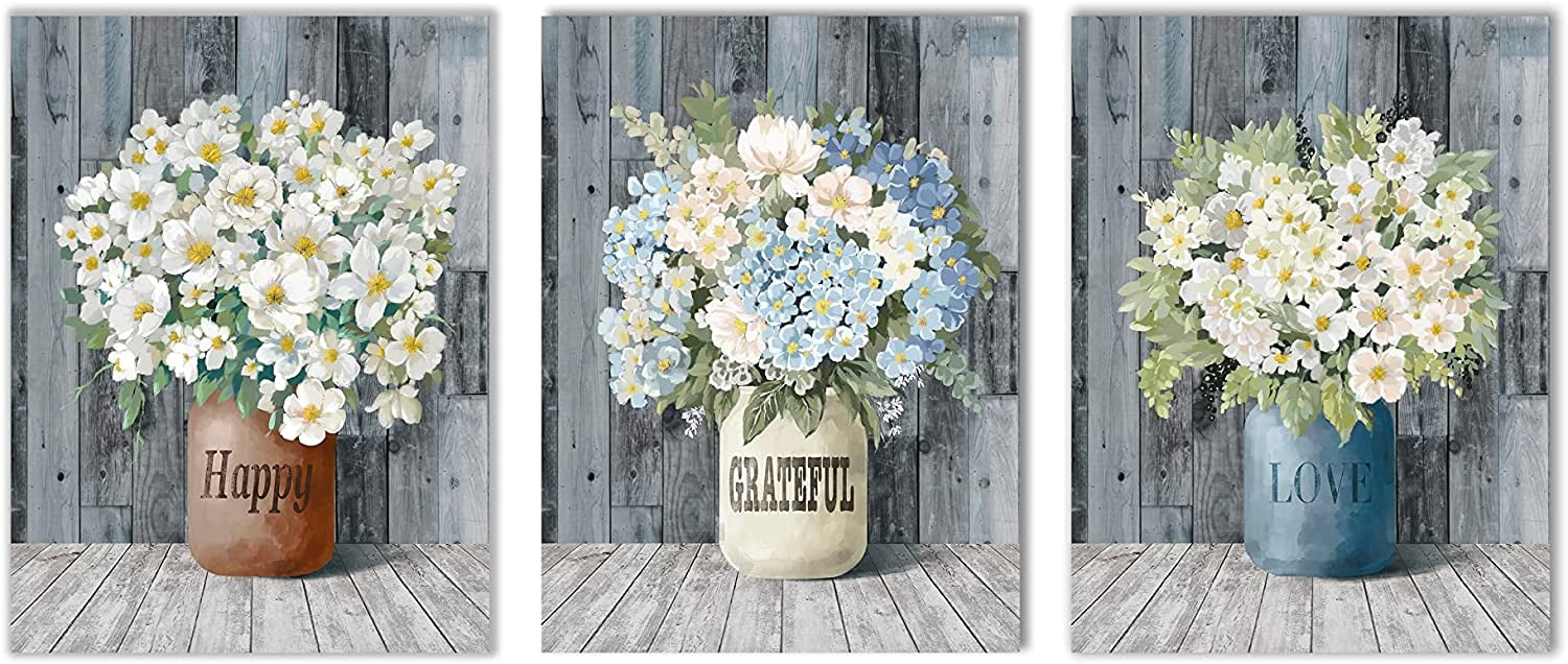 Floral Wall Decor Bathroom Decor Canvas Wall Art Blue White Flowers In