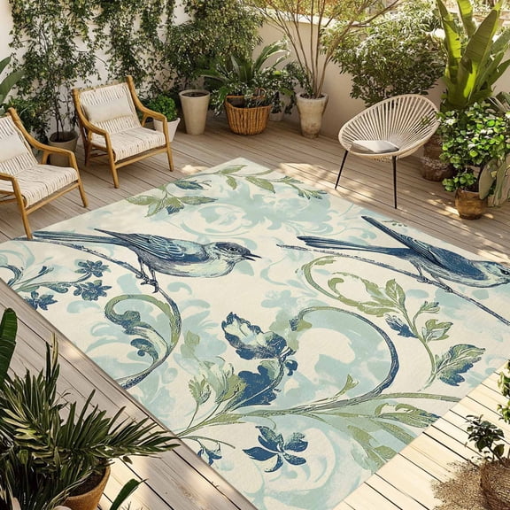 Fsddascl Vintage Floral Bird Outdoor Rug for Patio/Deck/Porch, Non-Slip Large Area Rug 4 x 6 Ft, Retro Summer Botanical Indoor Outdoor Rugs Washable Area Rugs, Reversible Camping Rug Carpet Runner