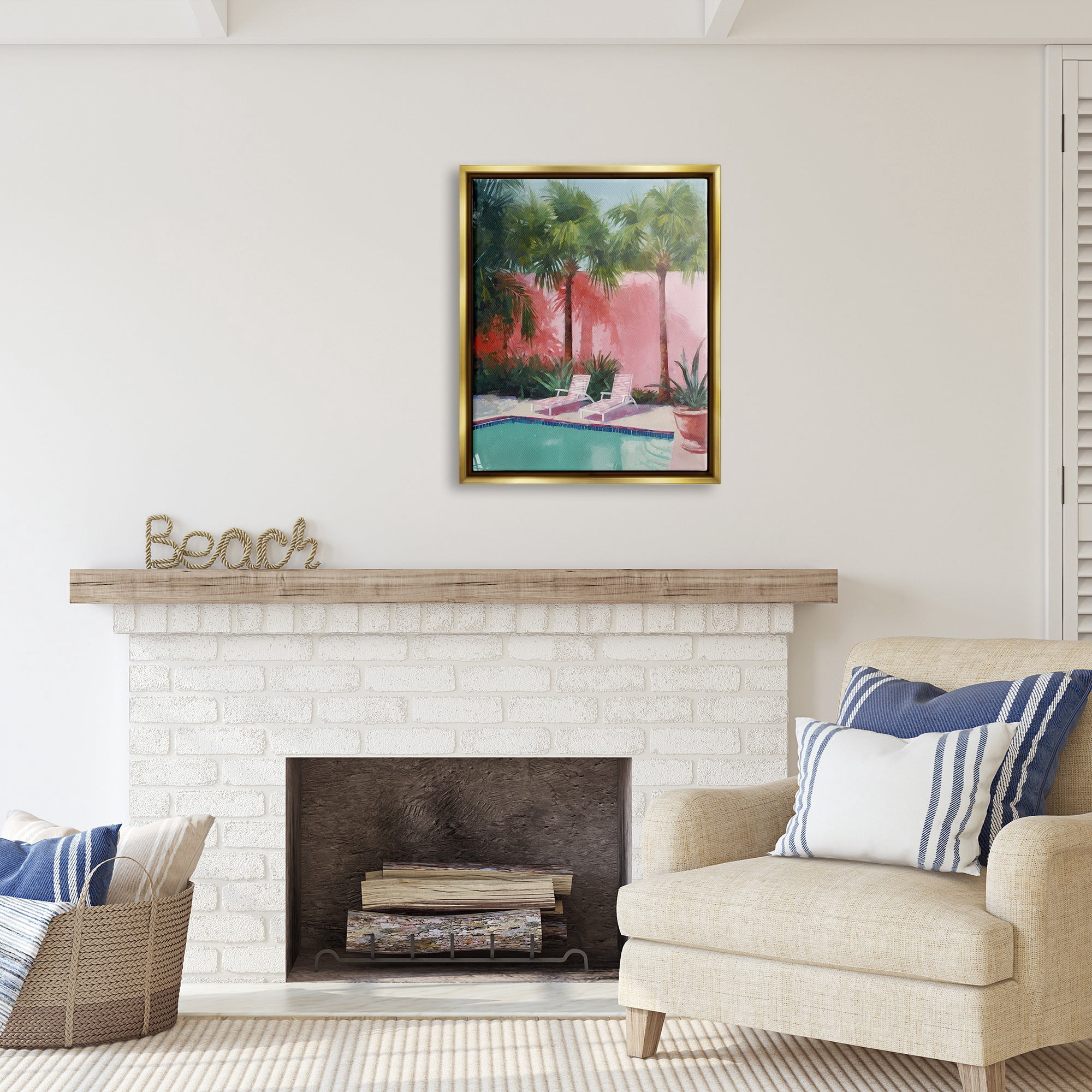 Stupell Industries Tropical Summer Pool Botanical & Floral Painting Gold Floater Framed Canvas Art Print Wall Art, 25 x 31