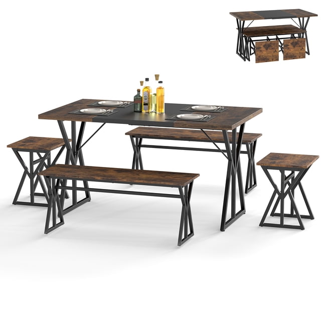 Gymax 5-Piece Dining Room Set w/ 2 Benches & 2 Stools Metal Frame for Small Room