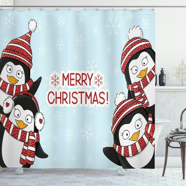 Christmas Shower Curtain New Year Quote Cute Penguins With Hats And Scarf Snowflakes Kids Children Theme Fabric Bathroom Set With Hooks Blue Red By Ambesonne Walmart Com Walmart Com