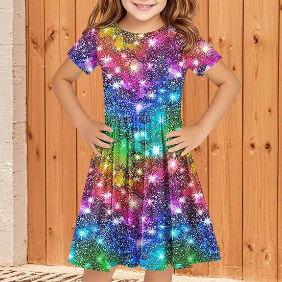 Fatuov Short Sleeve T-Shirt Dress for Kids Girls Ruffle Loose Fit Crew Neck Boho A-Line Dress for Party Printed Summer Dress Size 11 Years