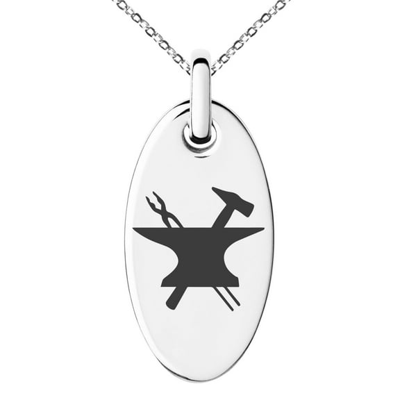 Stainless Steel Hephaestus Greek God of Blacksmith & Fire Engraved Small Oval Charm Pendant Necklace