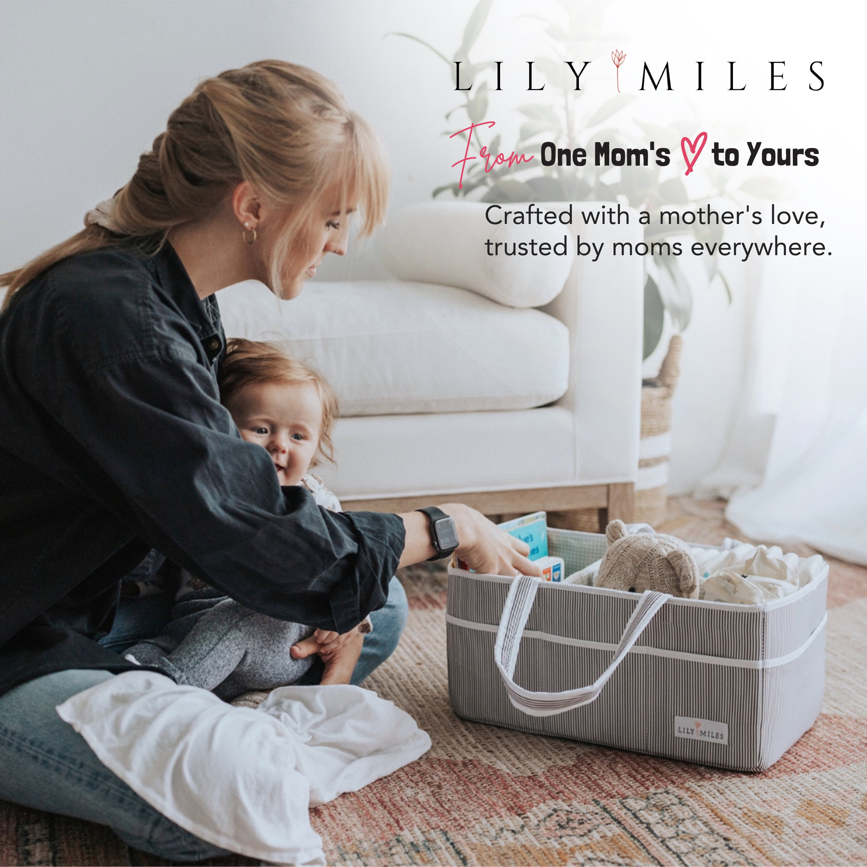 Lily Miles Baby Diaper Caddy Organizer for Baby Girls - Nursery Changing Table Organizer - Baby Shower Gifts (Gray/Blush, Large)