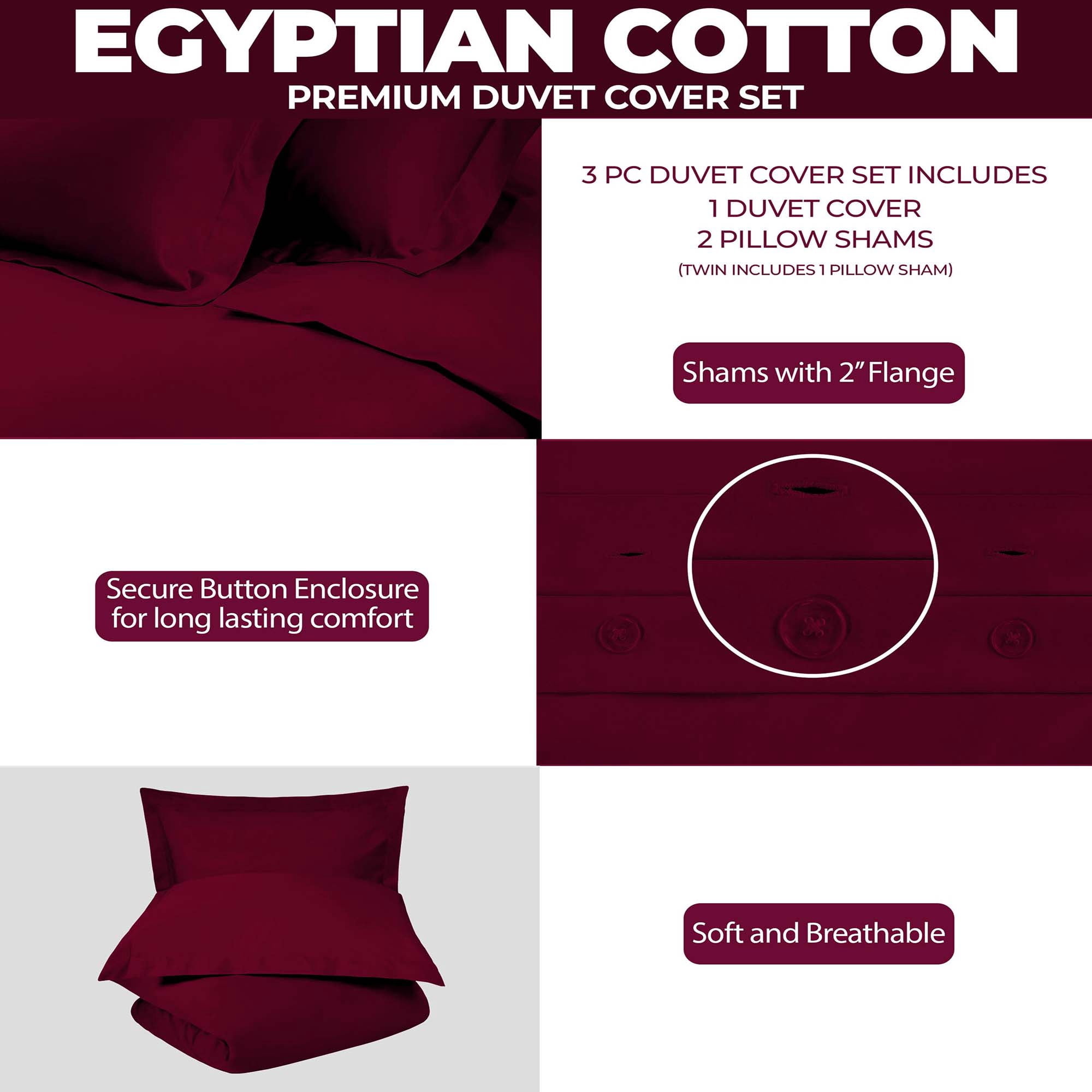 Superior Egyptian Cotton 300 Thread Count Duvet Cover Set, Twin, Burgundy