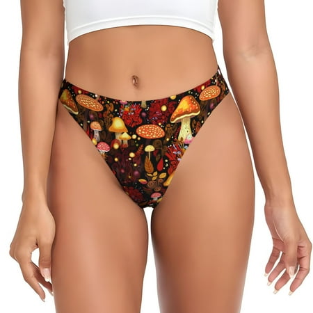 Qokaie Warm Plants and Mushrooms Printed Women s Cotton Thong Underwear  Sexy Breathable Panties G-string-Small