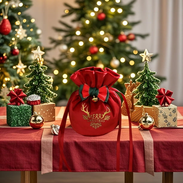 Uuiauoio Christmas Velvet Bags with Drawstring and Bell, Gift Pouches Candy Bag Bundle Pocket Wrapping Bags for Christmas Birthday Engagement Wedding Party Supplies