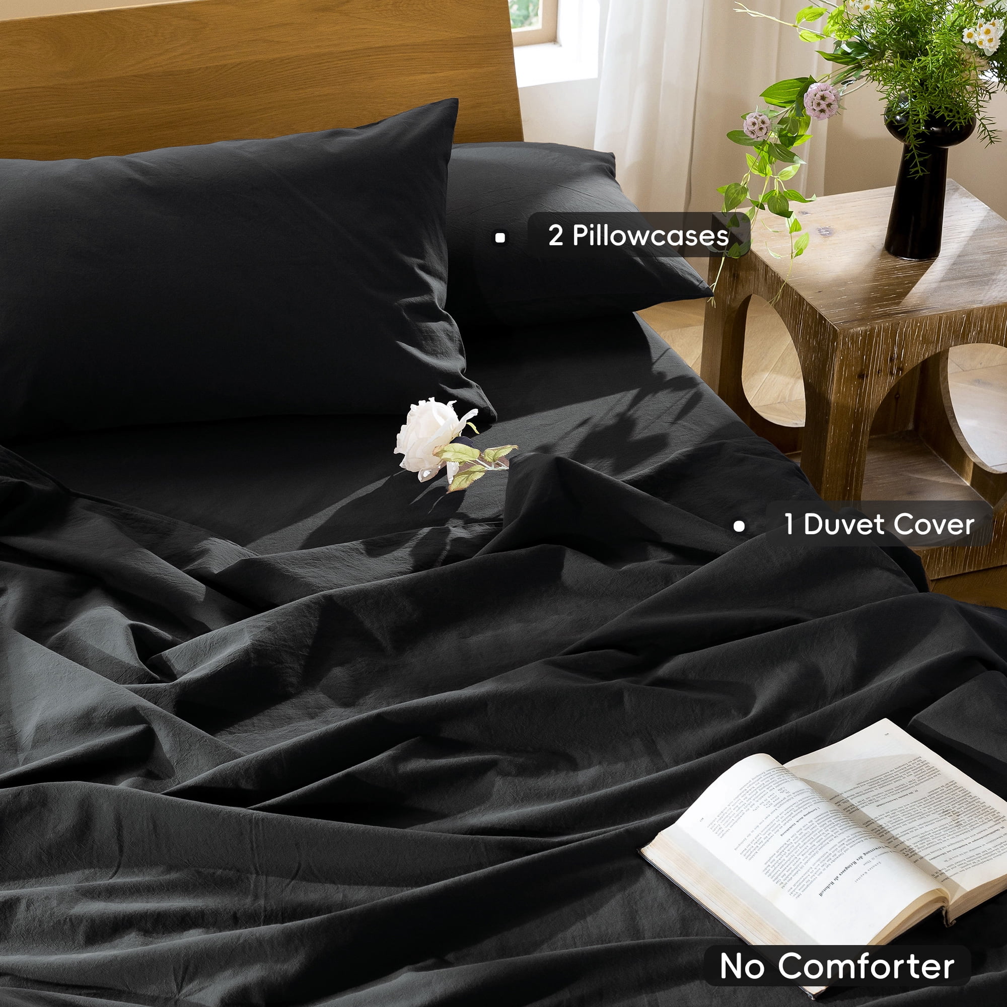 MooMee Duvet Cover Set Full 100% Washed CottonLinen Like Textured Breathable 3-Piece (Black, 80"x90")