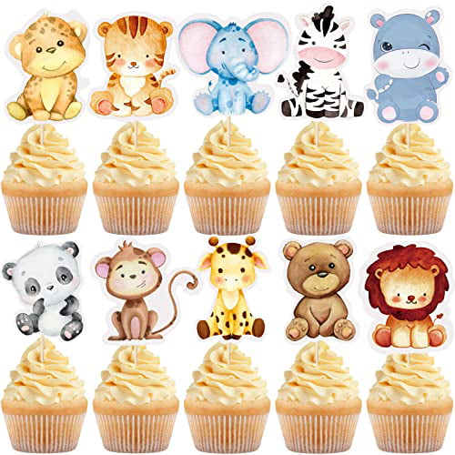 24-Pack Safari Zoo Animals Cupcake Toppers for Jungle Safari Zoo Theme Birthday Party Decorations 
