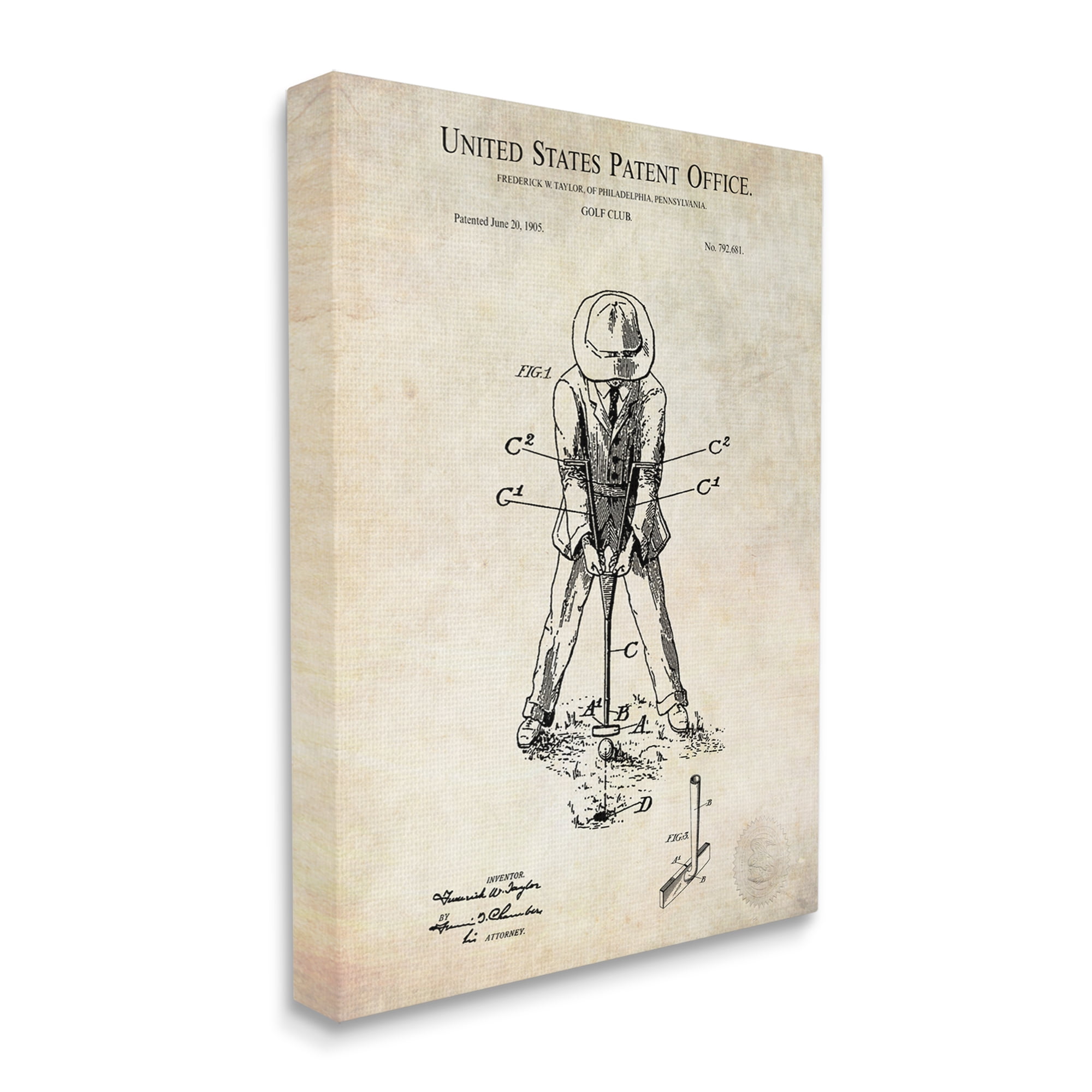Stupell Industries Vintage Style Man Golfing Club Diagram Patent Text Canvas Wall Art, 16 x 20, Design by Karl Hronek