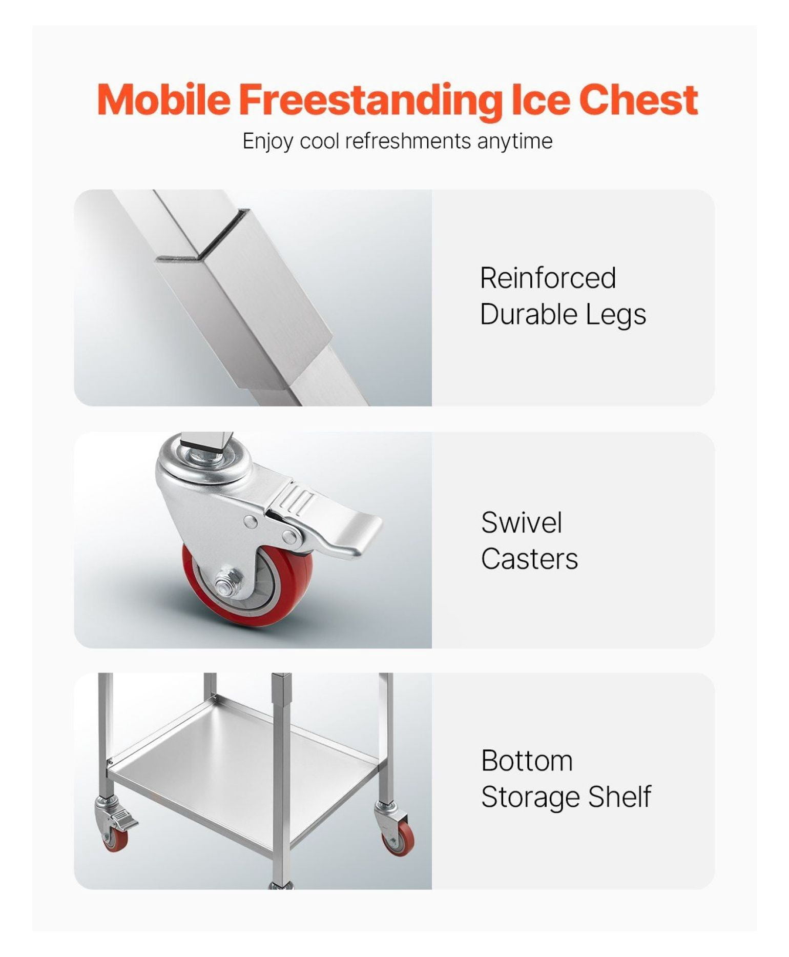 Rolling Ice Chest Cooler Cart, 32.8 Quart Stainless Steel Ice Bin on Wheels, Outdoor Party Cooler Trolley with Shelf, 22x16x38 Inch