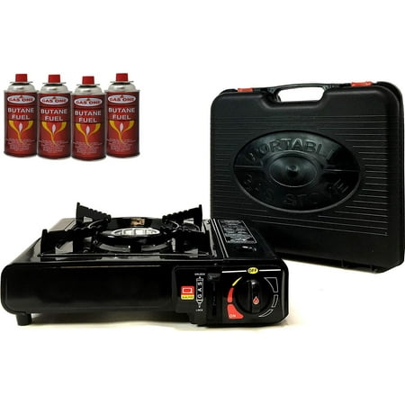 Portable Tailgate Bar Set Portable Butane Gas Stove & 4 Pack Butane Canister Complete Set with Carrying Case - Full Stainless Steel Body Electronic Ignition for Outdoor Camping Tailgating Backyard ()