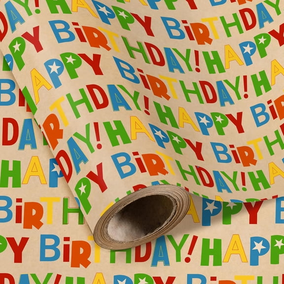 Kraft Birthday Wrapping Paper Roll - Mini Roll - 17 Inch x 9.8 Feet - Colorful Happy Bday Lettering Wrapping Paper Perfect for Birthday, Party, Baby Shower