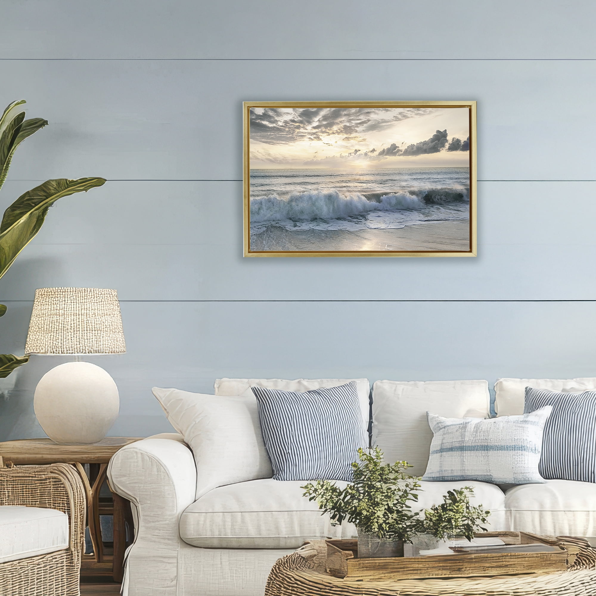 Stupell Industries Sunset Foam Along Shoreline Gold Framed Floater Canvas Wall Art, design by Mike Calascibetta
