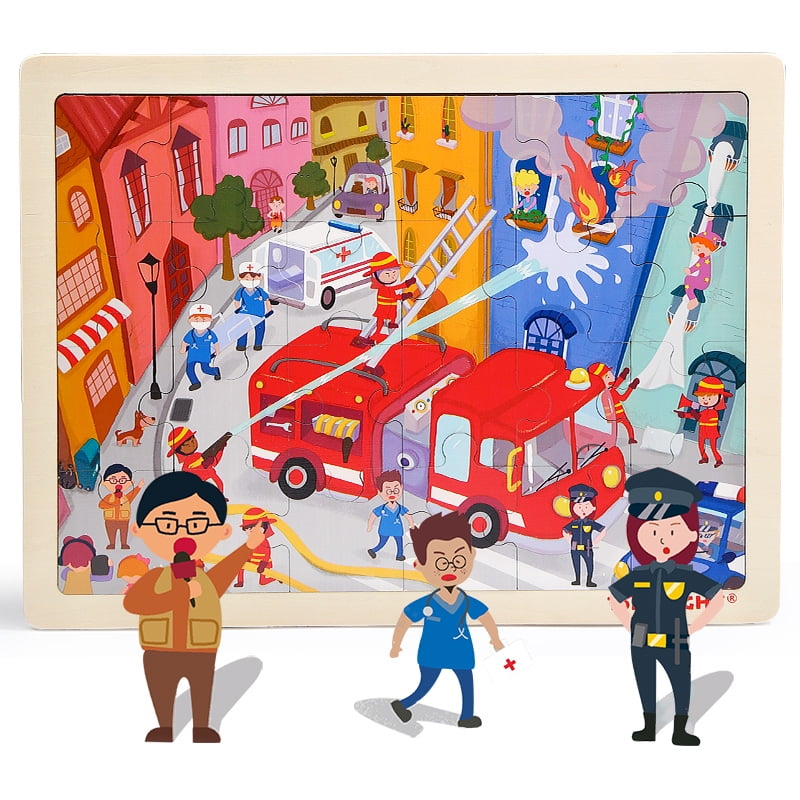 TOP BRIGHT 24 Pieces Puzzles for Kids Ages 3-8 Fire Rescue Wooden Puzzle