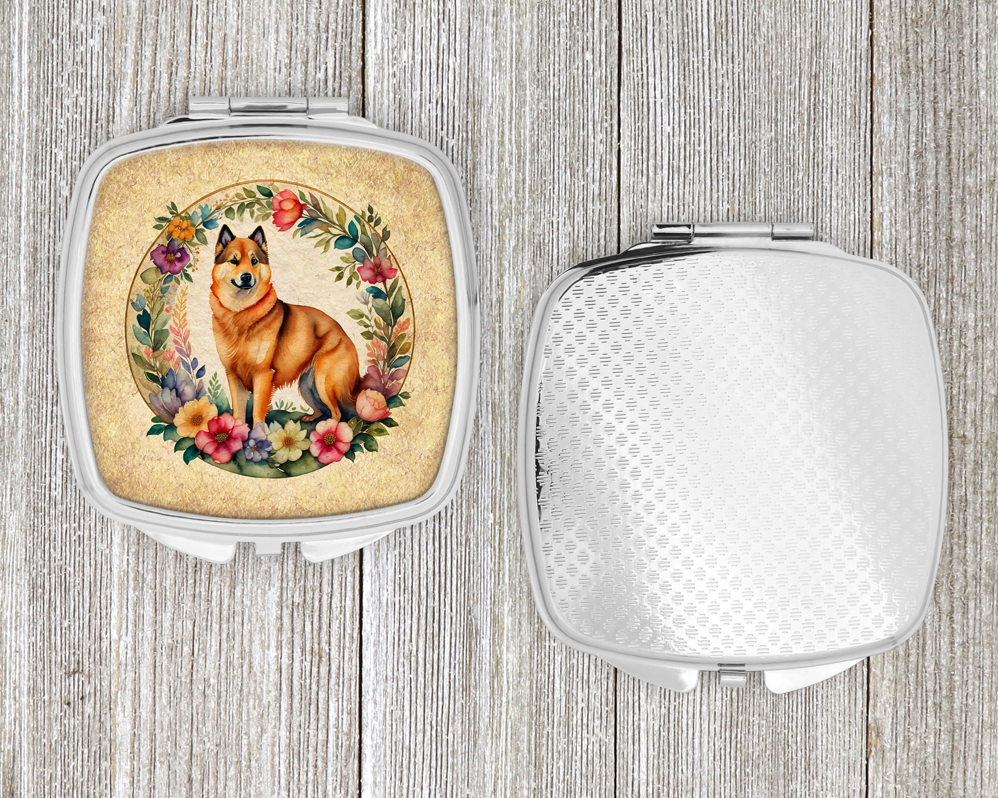 Finnish Spitz and Flowers Compact Mirror 2.75 in x 3 in