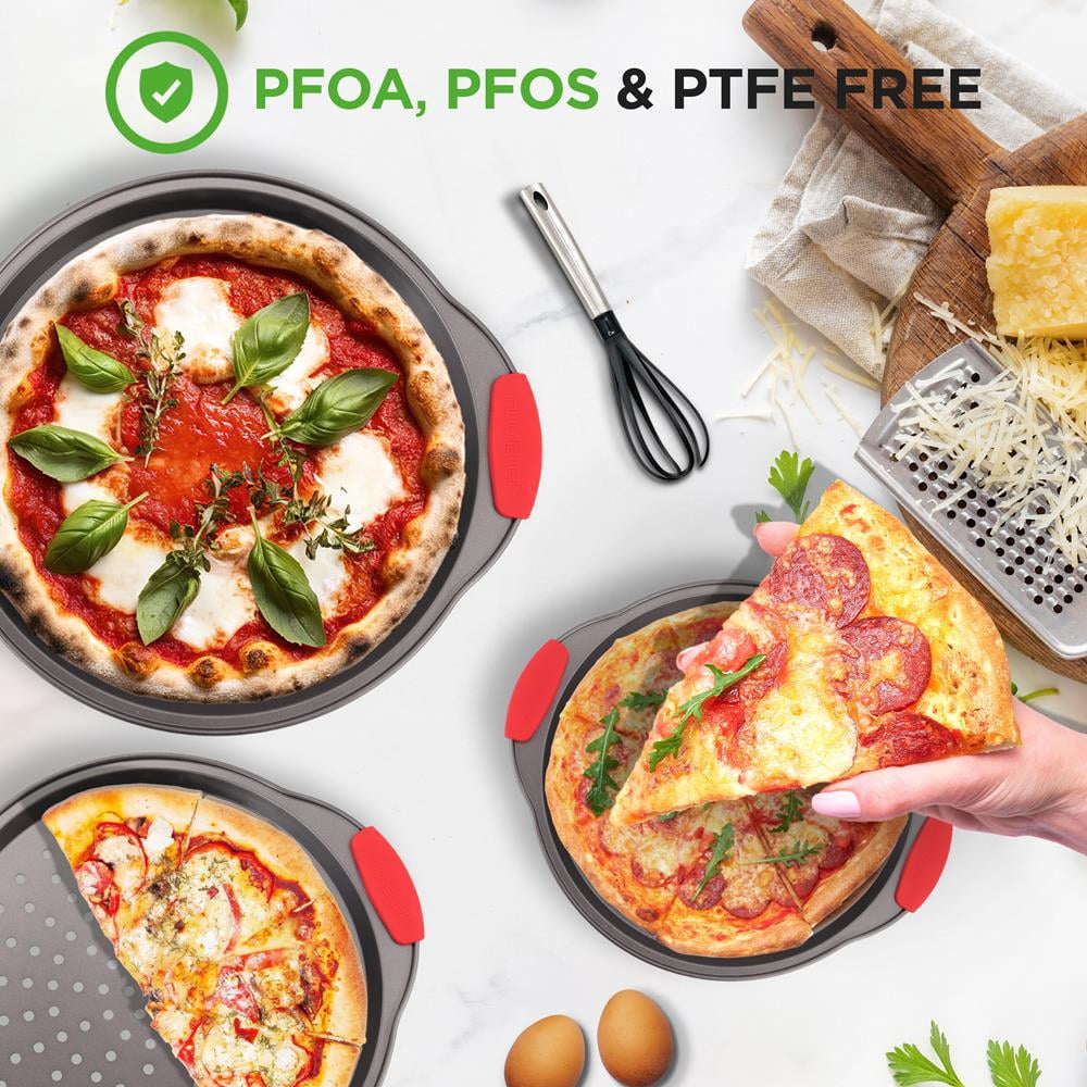 3 Piece Pizza Tray Set with Silicone Handle - Round Steel Non-stick Pan with Perforated Holes (Gray Coating)