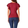 thumbnail image 3 of Blusa Faux Wrap Inspire Chic para mujer, blusa casual de verano con cuello en V y mangas con volantes, color rojo oscuro, talla M, 3 of 6
