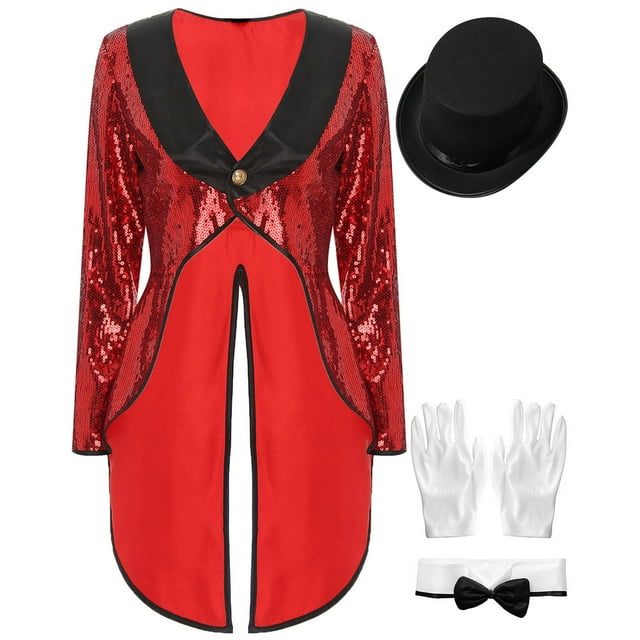 iiniim Women's Circus Ringmaster Costumes Sparkle Sequin One-Button Magician Dress Tailcoat Jacket Red L