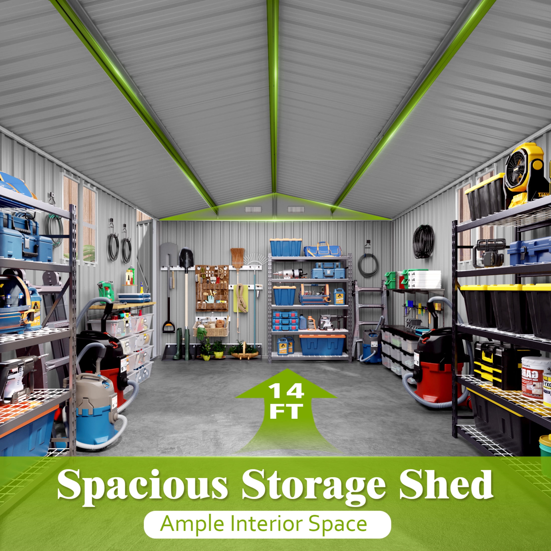 Noble House 10 x 14 FT Outdoor Metal Storage Shed with 3 Lockable Doors and Window, Gray
