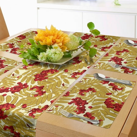 

Rowan Table Runner & Placemats Juicy Ripe Fruits Leafage Berries and Foliage Rural Nature Print Set for Dining Table Decor Placemat 4 pcs + Runner 12 x90 Vermilion Mustard and White by Ambesonne