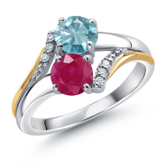 Gem Stone King 10K Yellow Gold and 925 Silver Red Ruby and Blue Zircon and White Lab Grown Diamond Accent Engagement Ring for Women (1.43 Cttw, Gemstone July Birthstone, Round 5MM, Size 6)